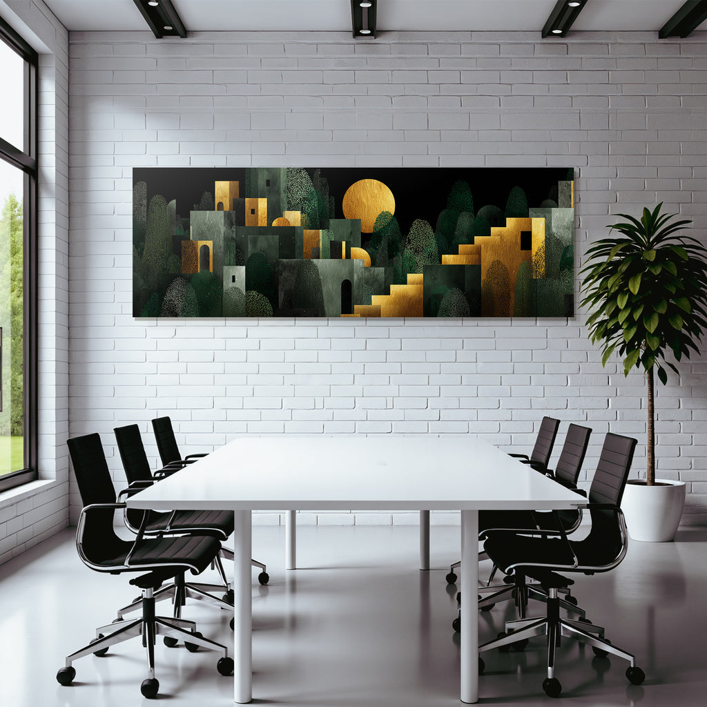 ArtDeco Abstrakte Landschaft Mit Geometrischen Gebaeuden Und Sonnensymbol