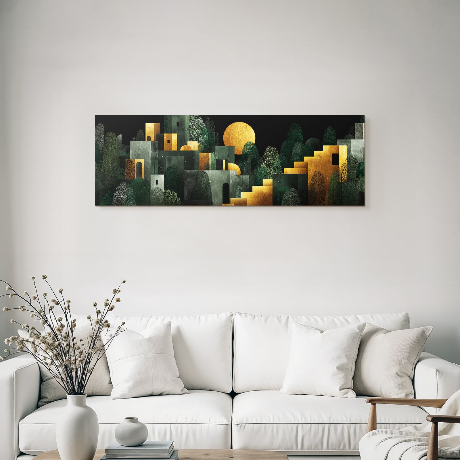 ArtDeco Abstrakte Landschaft Mit Geometrischen Gebaeuden Und Sonnensymbol