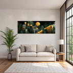 ArtDeco Abstrakte Landschaft Mit Geometrischen Gebaeuden Und Sonnensymbol