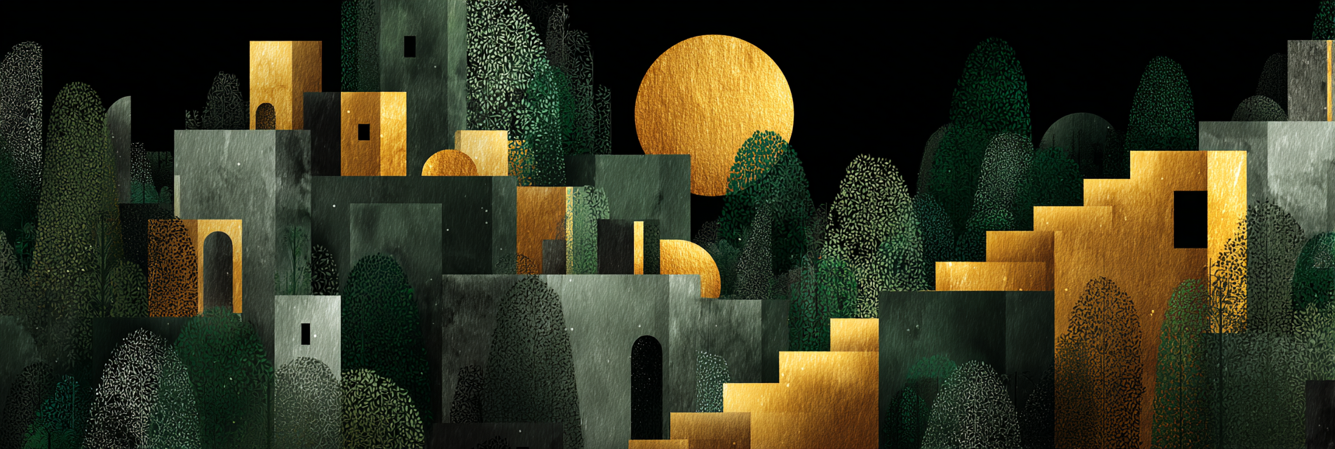 ArtDeco Abstrakte Landschaft Mit Geometrischen Gebaeuden Und Sonnensymbol | Art Deco | Stilrichtungen