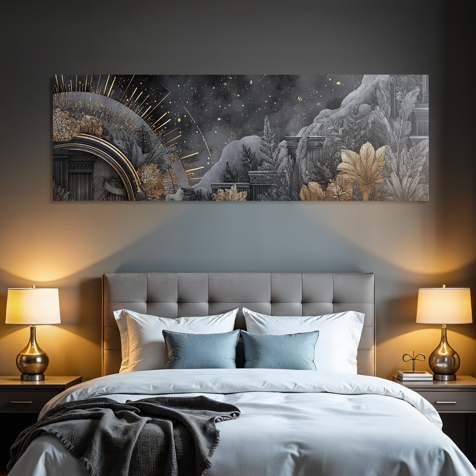 ArtDeco Abstrakte Landschaft Mit Klassischer Architektur Botanischen Motiven Und Himmelsmotiven