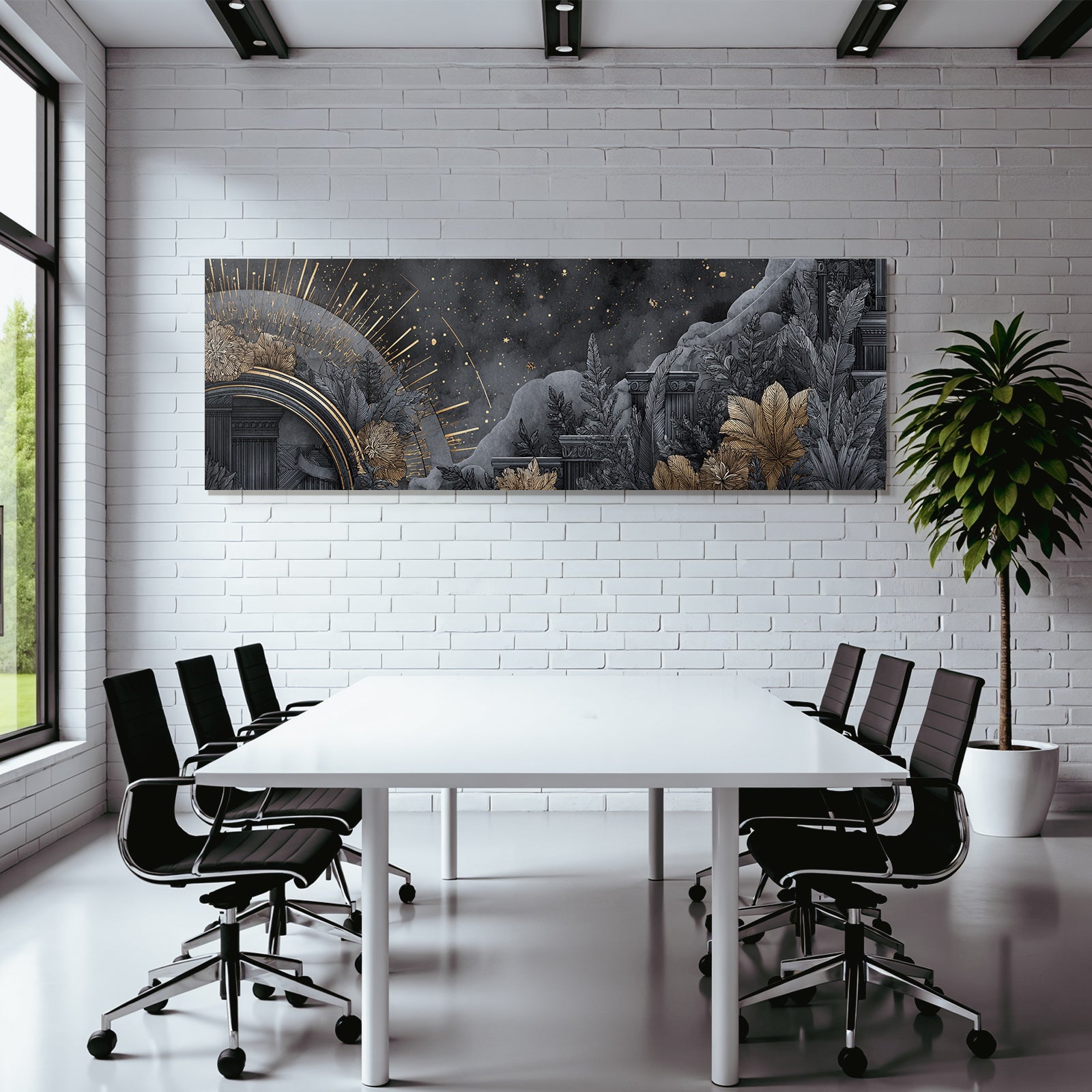 ArtDeco Abstrakte Landschaft Mit Klassischer Architektur Botanischen Motiven Und Himmelsmotiven