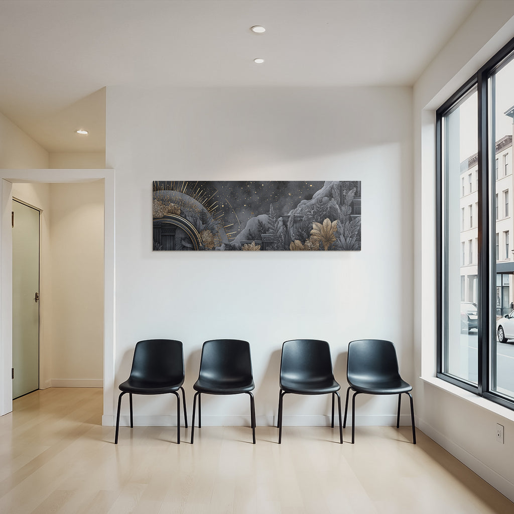 ArtDeco Abstrakte Landschaft Mit Klassischer Architektur Botanischen Motiven Und Himmelsmotiven