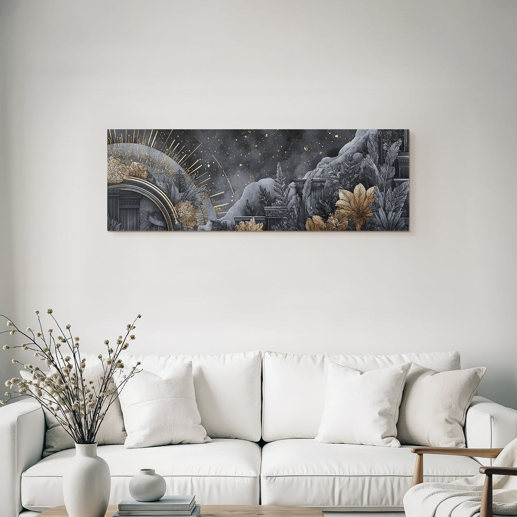 ArtDeco Abstrakte Landschaft Mit Klassischer Architektur Botanischen Motiven Und Himmelsmotiven