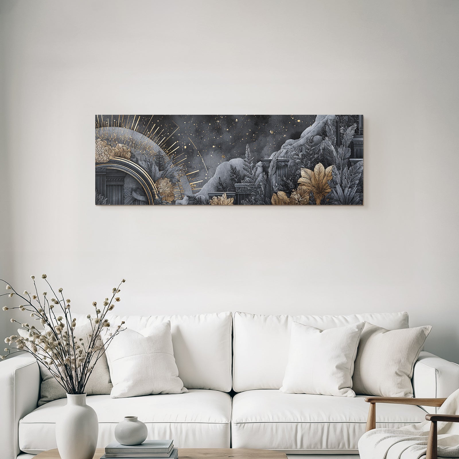 ArtDeco Abstrakte Landschaft Mit Klassischer Architektur Botanischen Motiven Und Himmelsmotiven