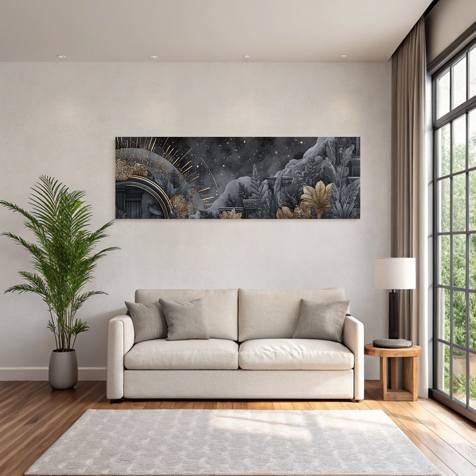 ArtDeco Abstrakte Landschaft Mit Klassischer Architektur Botanischen Motiven Und Himmelsmotiven