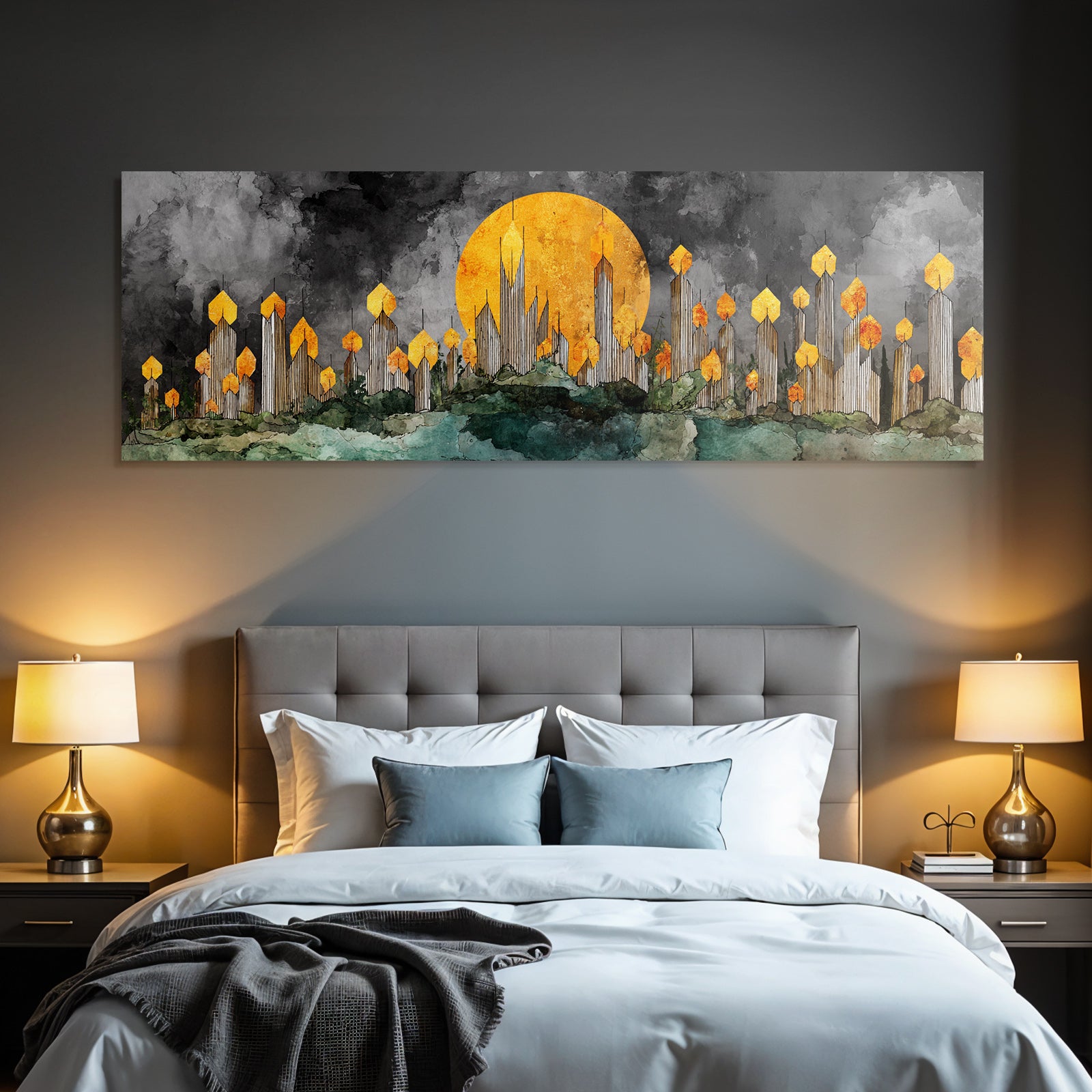 ArtDeco Abstrakte Naturlandschaft Mit Turmbaeumen Und Stilisierter Sonne