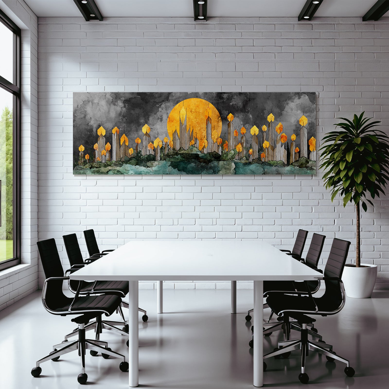 ArtDeco Abstrakte Naturlandschaft Mit Turmbaeumen Und Stilisierter Sonne