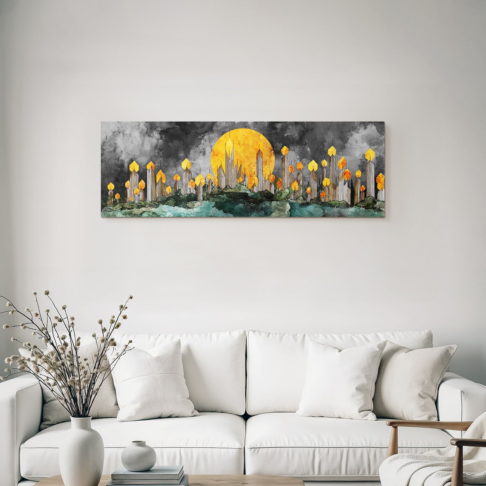 ArtDeco Abstrakte Naturlandschaft Mit Turmbaeumen Und Stilisierter Sonne