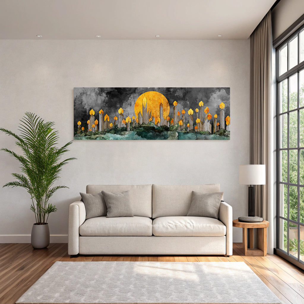 ArtDeco Abstrakte Naturlandschaft Mit Turmbaeumen Und Stilisierter Sonne