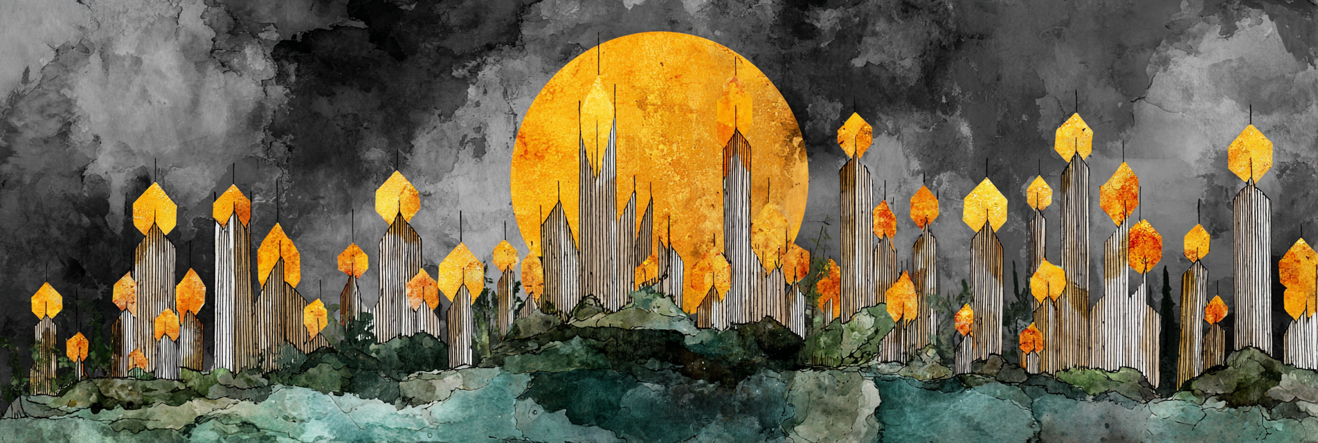 ArtDeco Abstrakte Naturlandschaft Mit Turmbaeumen Und Stilisierter Sonne | Art Deco | Stilrichtungen