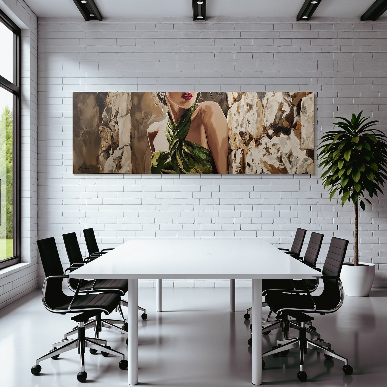 ArtDeco Elegante Frau In Grunem Drapiertem Gewand Vor Steinwand