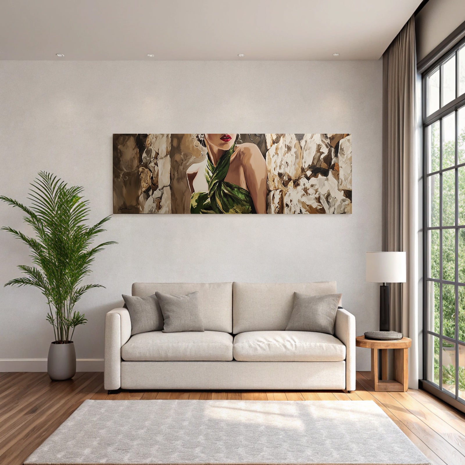 ArtDeco Elegante Frau In Grunem Drapiertem Gewand Vor Steinwand
