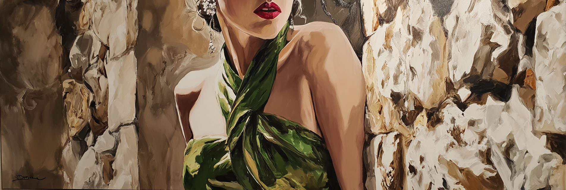 ArtDeco Elegante Frau In Grunem Drapiertem Gewand Vor Steinwand | Art Deco | Stilrichtungen