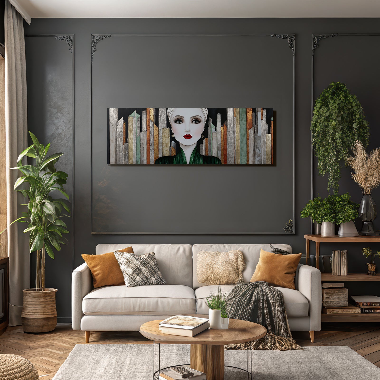 ArtDeco Frau Mit Auffälligem Makeup Und Modischer Erscheinung Vor Geometrischer Stadtstruktur