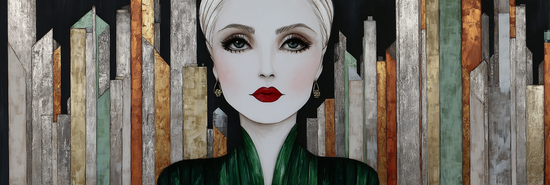 ArtDeco Frau Mit Auffälligem Makeup Und Modischer Erscheinung Vor Geometrischer Stadtstruktur | Art Deco | Stilrichtungen