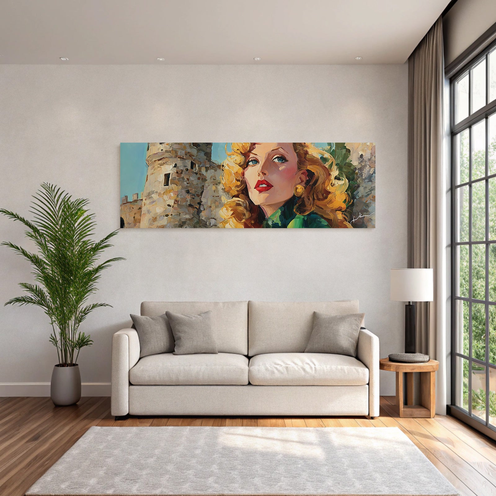 ArtDeco Frau Mit Blonden Haaren Vor Steinem Turm