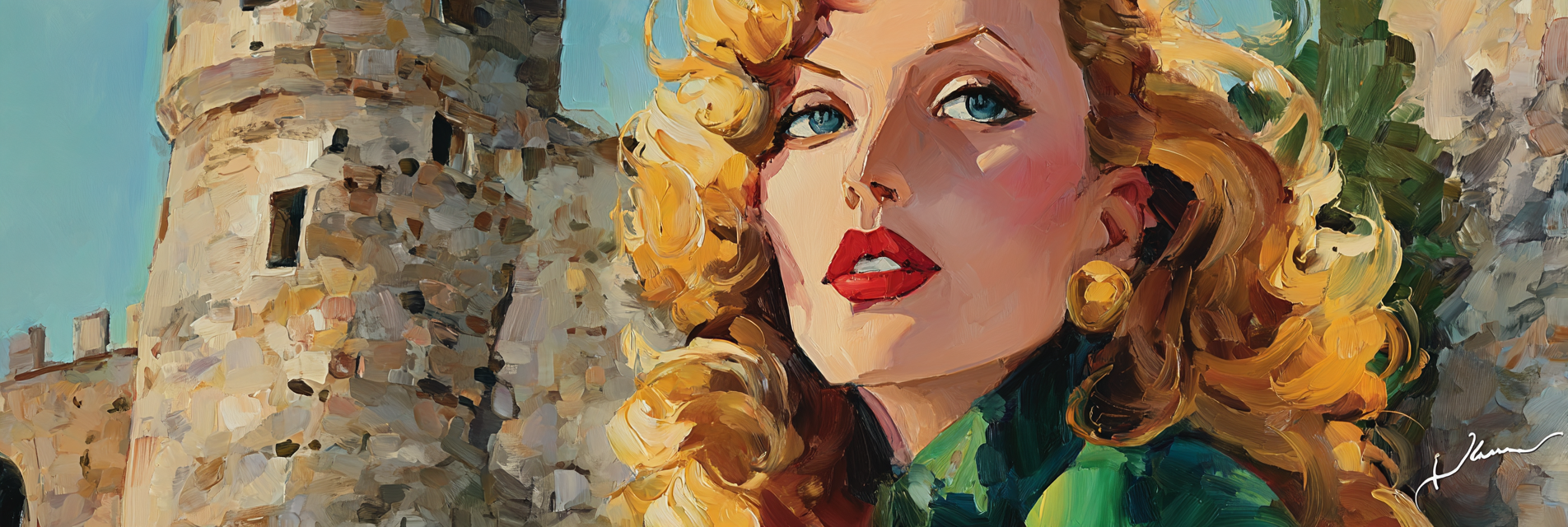 ArtDeco Frau Mit Blonden Haaren Vor Steinem Turm | Art Deco | Stilrichtungen