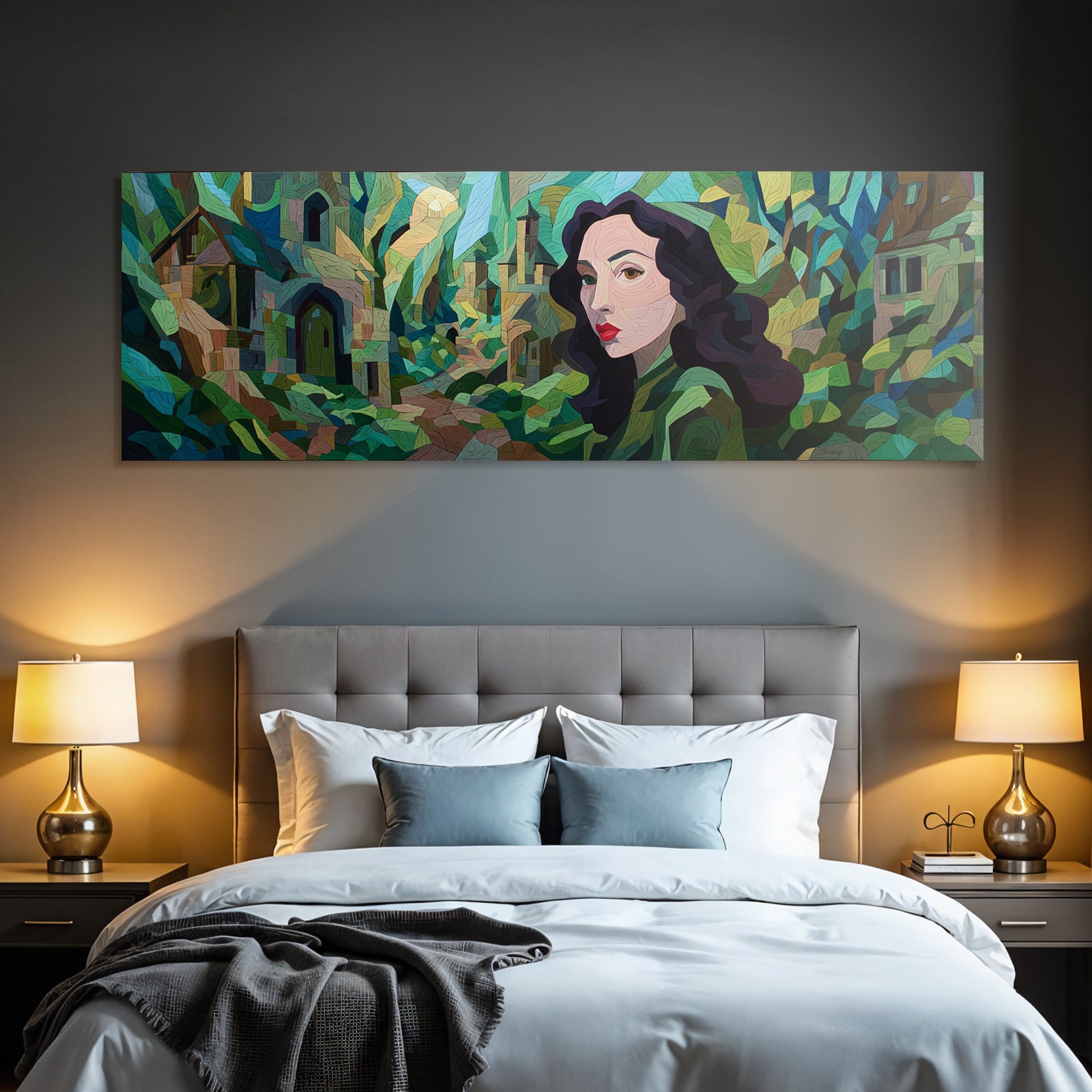 ArtDeco Frau Mit Dunklen Haaren Und Roten Lippen Vor Mosaikartigem Hintergrund