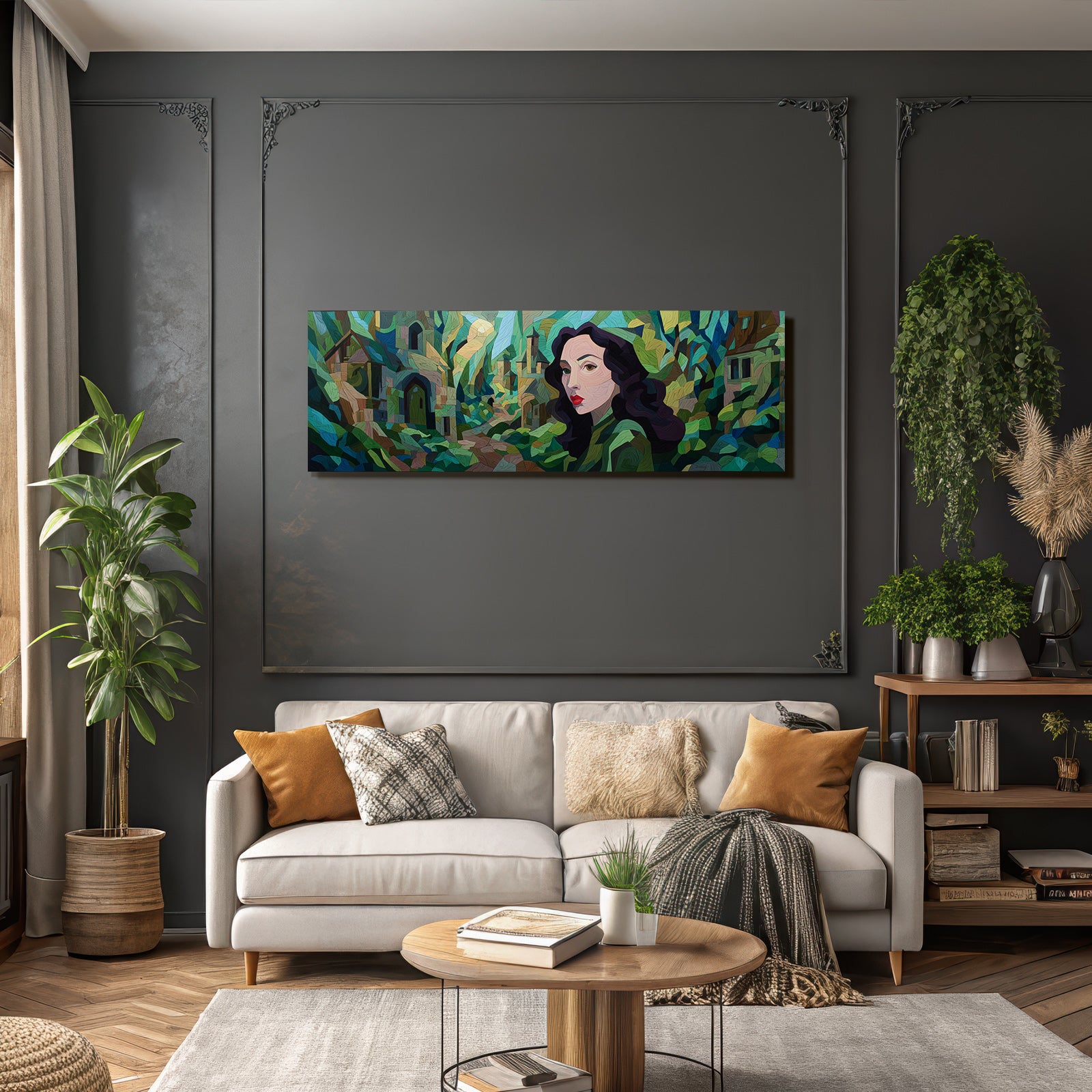 ArtDeco Frau Mit Dunklen Haaren Und Roten Lippen Vor Mosaikartigem Hintergrund