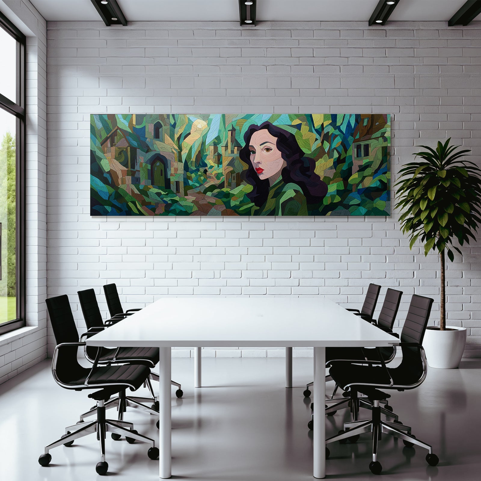 ArtDeco Frau Mit Dunklen Haaren Und Roten Lippen Vor Mosaikartigem Hintergrund
