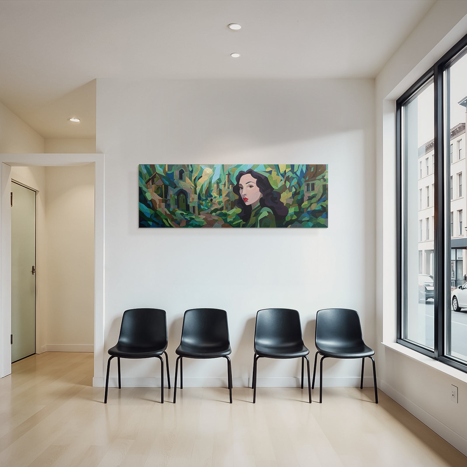 ArtDeco Frau Mit Dunklen Haaren Und Roten Lippen Vor Mosaikartigem Hintergrund