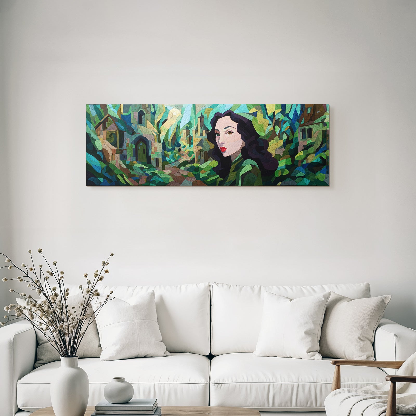 ArtDeco Frau Mit Dunklen Haaren Und Roten Lippen Vor Mosaikartigem Hintergrund