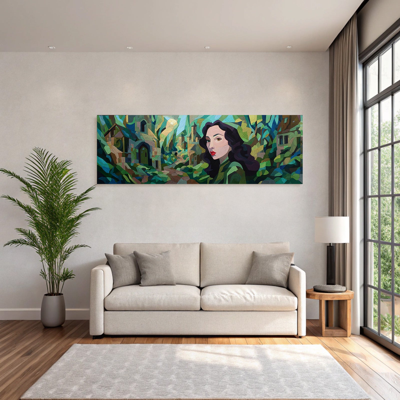 ArtDeco Frau Mit Dunklen Haaren Und Roten Lippen Vor Mosaikartigem Hintergrund