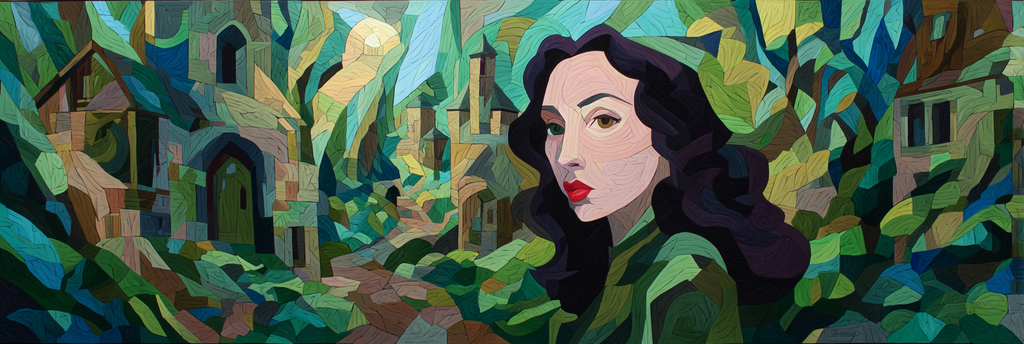 ArtDeco Frau Mit Dunklen Haaren Und Roten Lippen Vor Mosaikartigem Hintergrund | Art Deco | Stilrichtungen