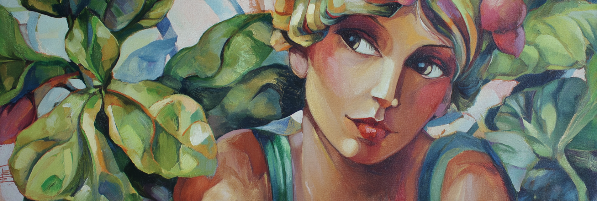 ArtDeco Frau Mit Farbigen Haarsträhnen Umgeben Von Grünen Blättern | Art Deco | Stilrichtungen