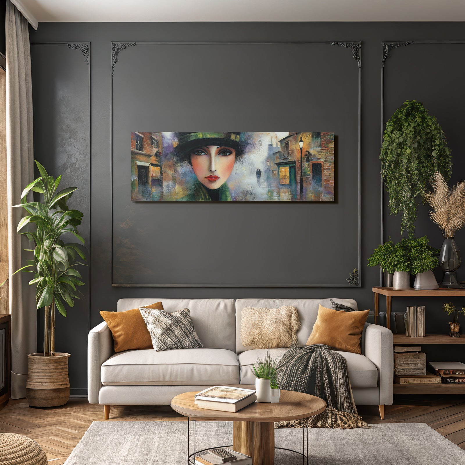 ArtDeco Frau Mit Hut In Nebliger Stadtlandschaft