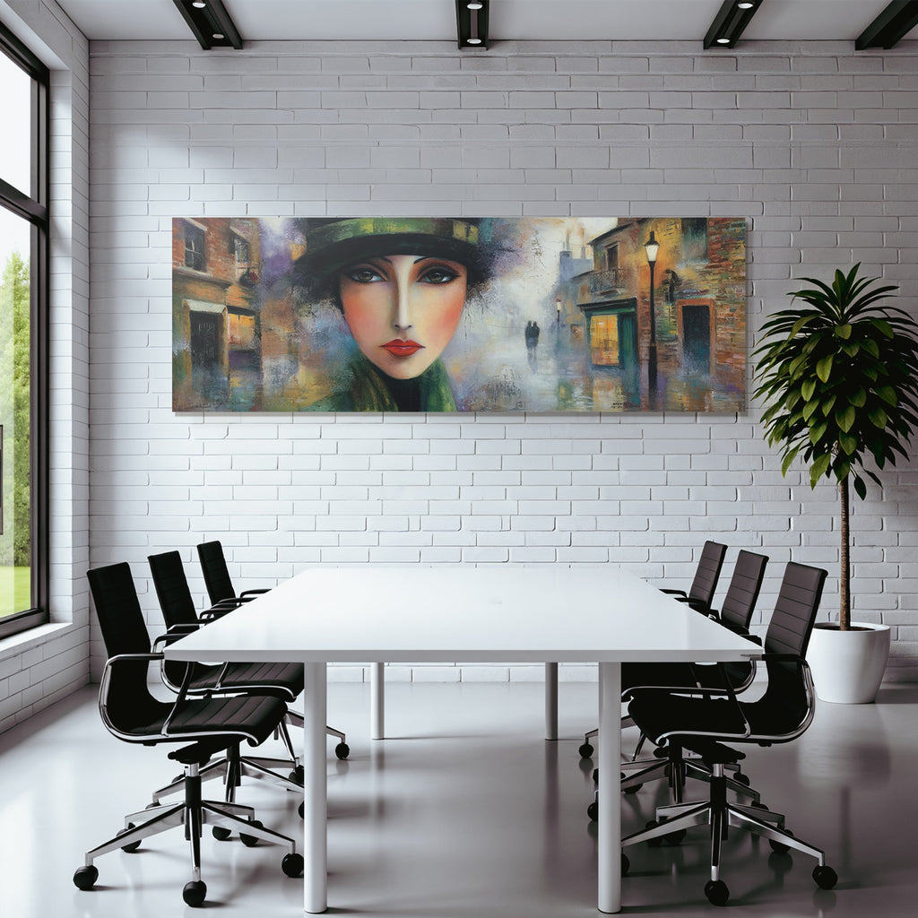 ArtDeco Frau Mit Hut In Nebliger Stadtlandschaft