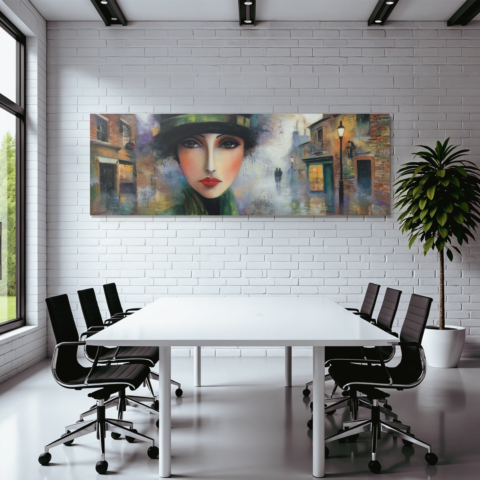 ArtDeco Frau Mit Hut In Nebliger Stadtlandschaft