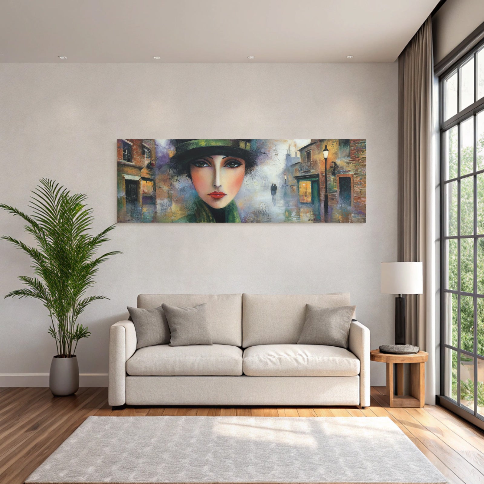 ArtDeco Frau Mit Hut In Nebliger Stadtlandschaft
