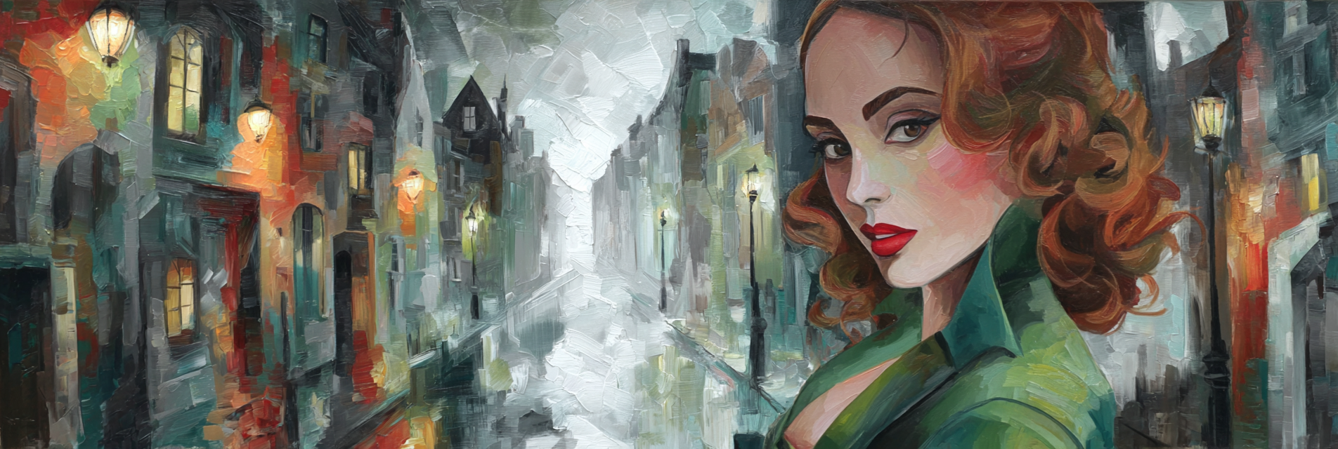 ArtDeco Frau Mit Lockigem Haar Und Roten Lippen Vor Stimmungsvoller Altstadt Mit Laternen | Art Deco | Stilrichtungen