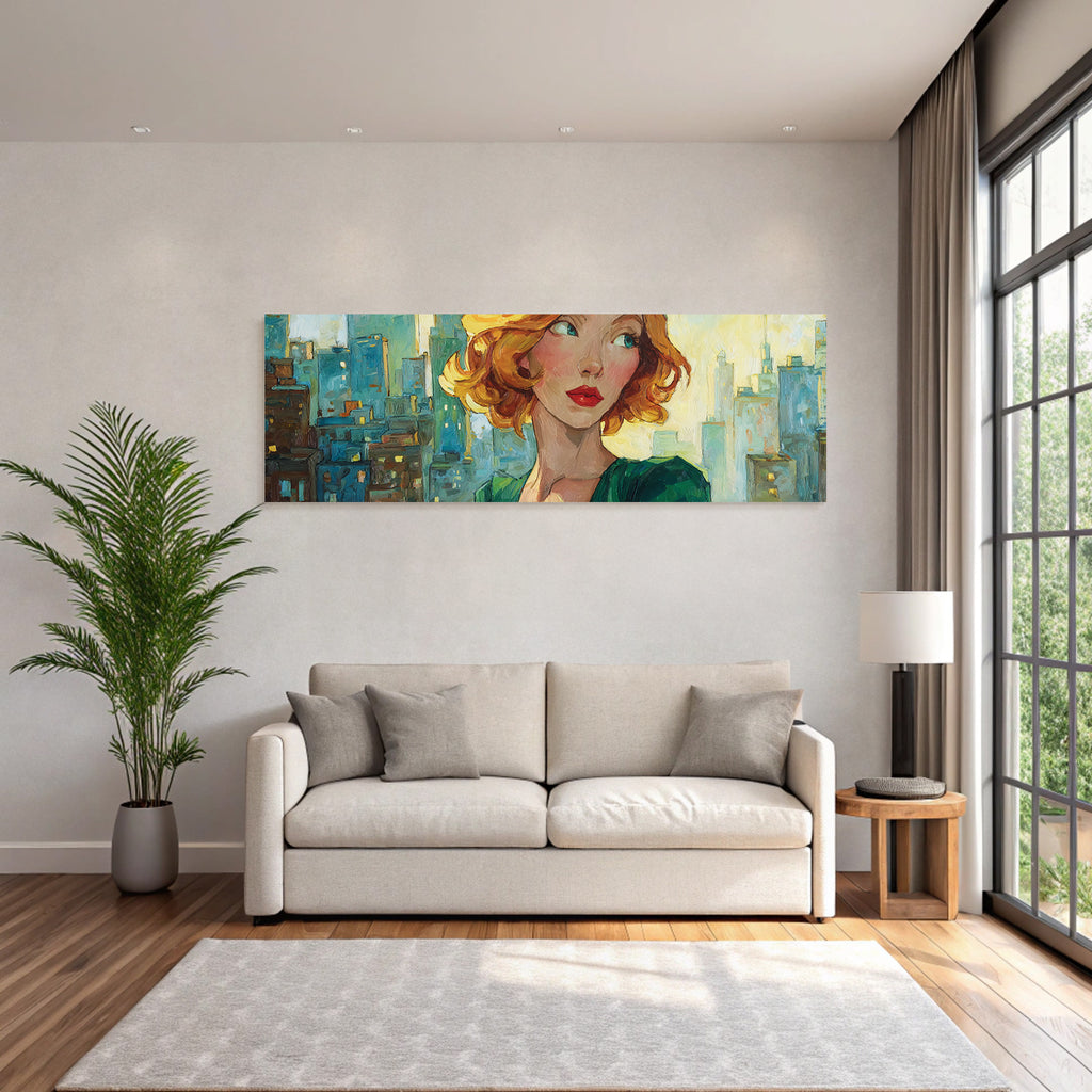 ArtDeco Frau Mit Lockigem Rotem Haar Vor Farbiger Stadtlandschaft