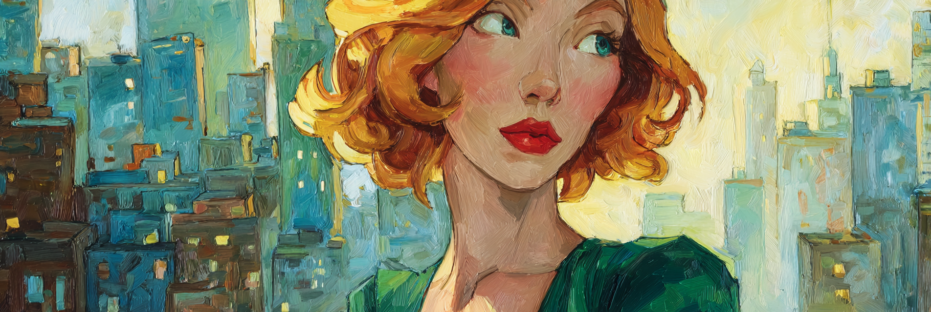 ArtDeco Frau Mit Lockigem Rotem Haar Vor Farbiger Stadtlandschaft | Art Deco | Stilrichtungen