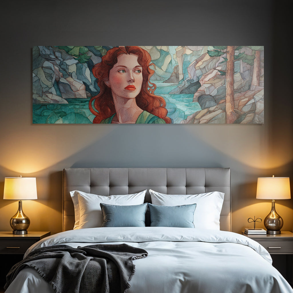 ArtDeco Frau Mit Roten Haaren Am Steinigen Wasserufer