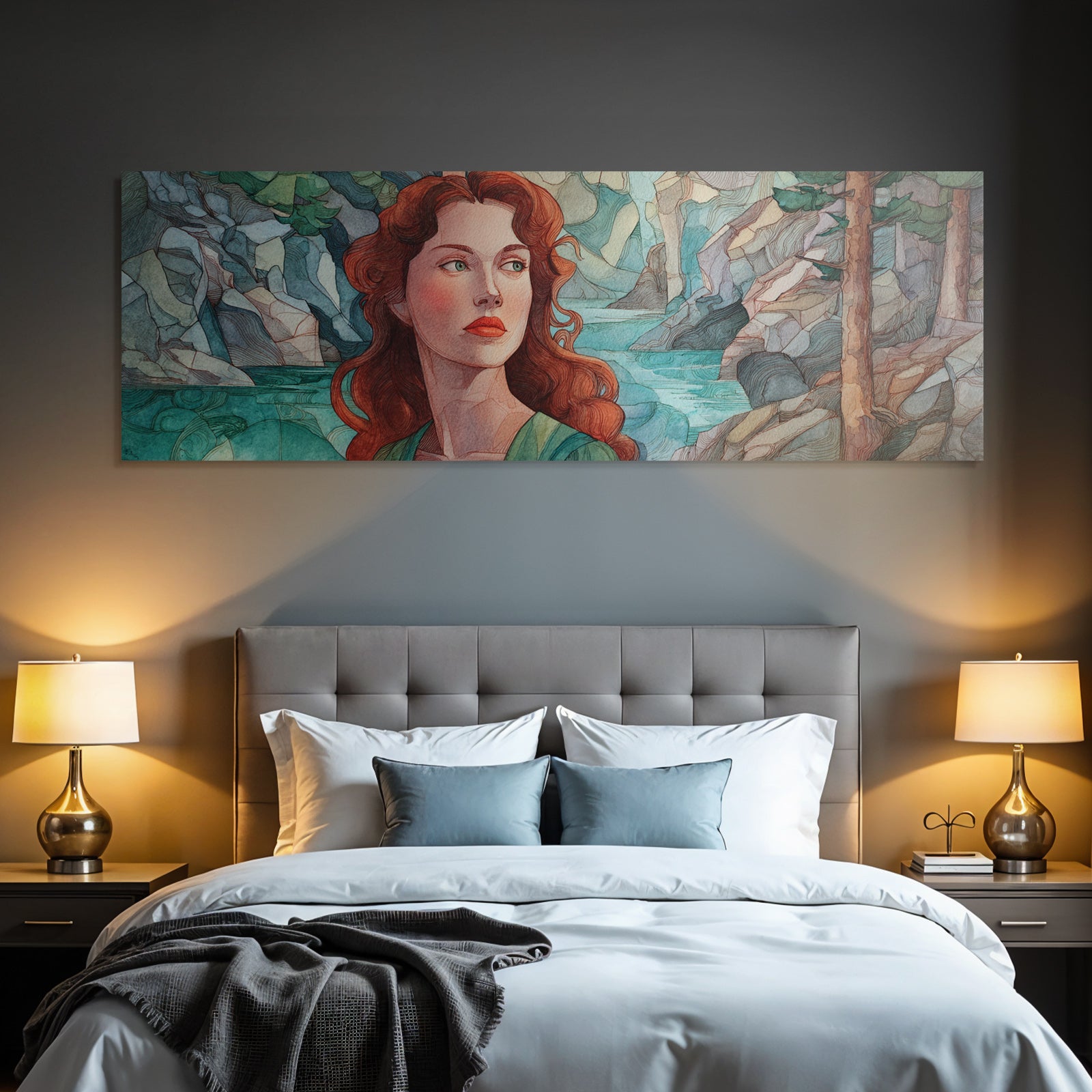 ArtDeco Frau Mit Roten Haaren Am Steinigen Wasserufer