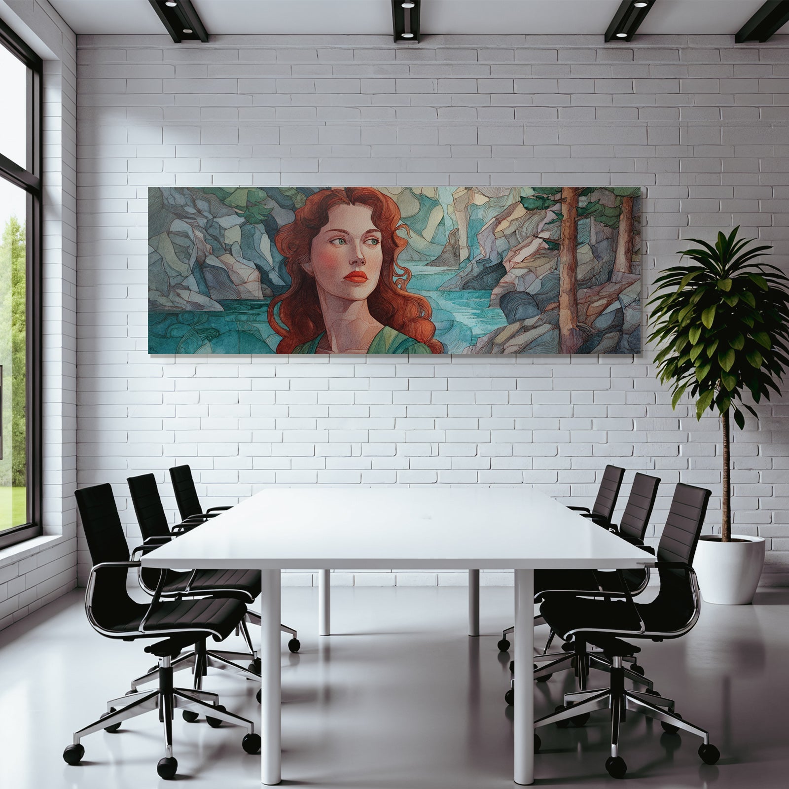 ArtDeco Frau Mit Roten Haaren Am Steinigen Wasserufer