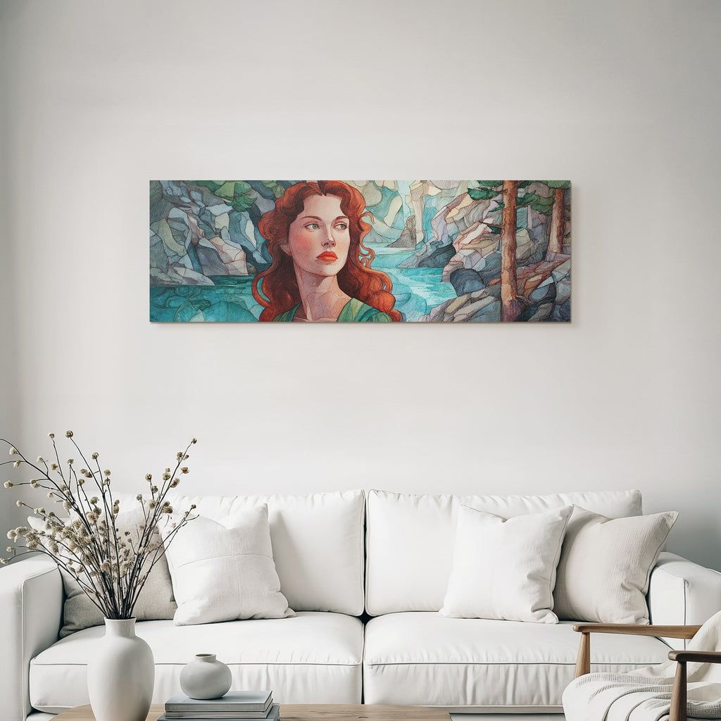 ArtDeco Frau Mit Roten Haaren Am Steinigen Wasserufer