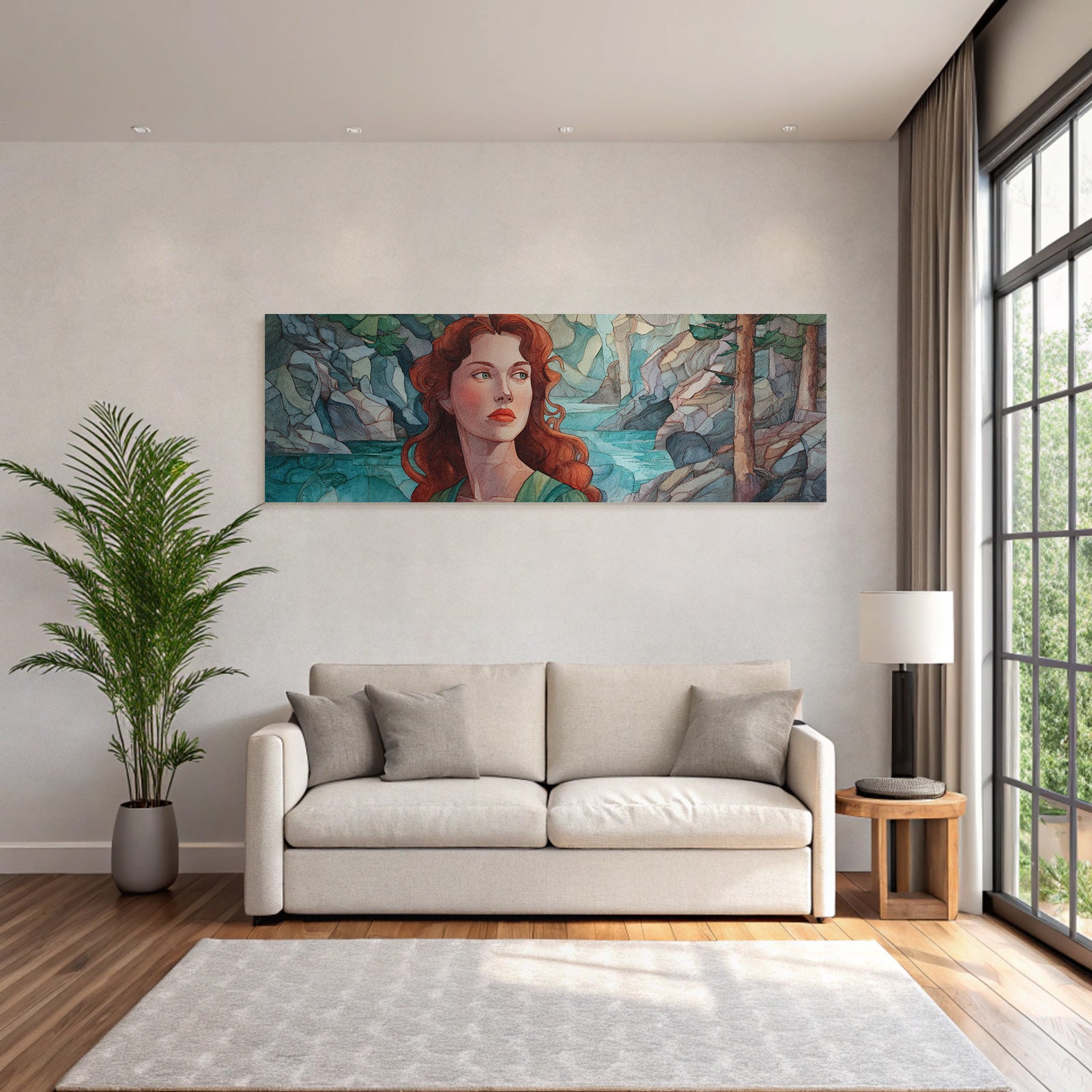 ArtDeco Frau Mit Roten Haaren Am Steinigen Wasserufer