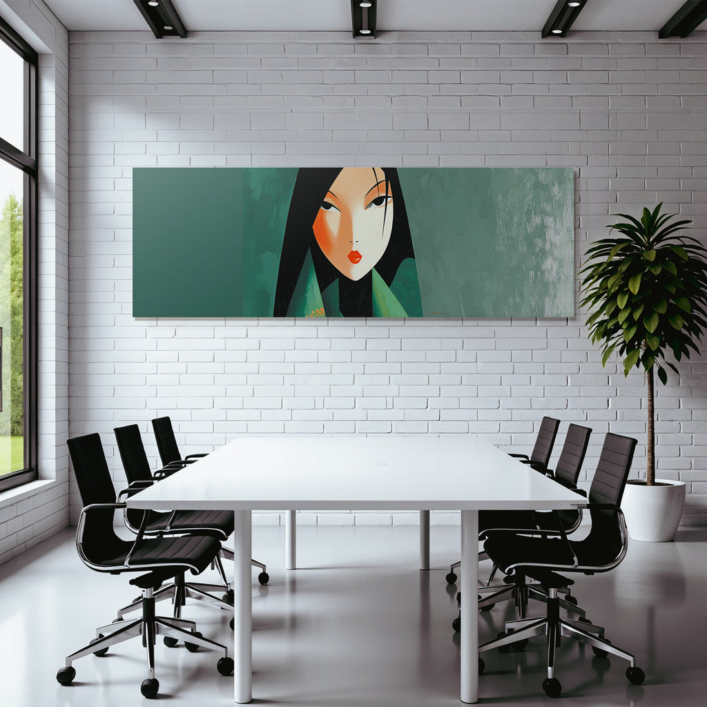 ArtDeco Frau Mit Schwarzen Haaren Roten Lippen Und Grünem Hintergrund