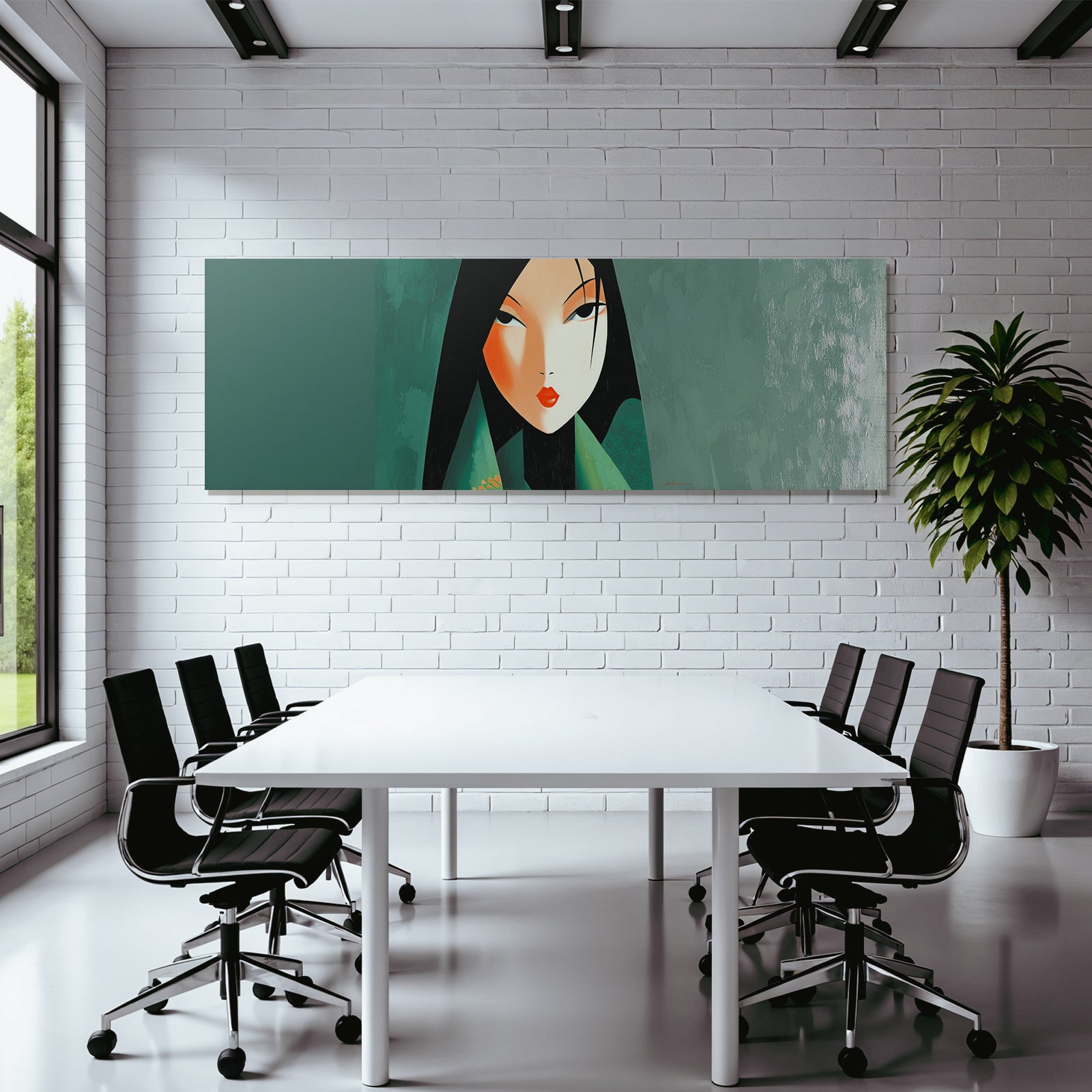 ArtDeco Frau Mit Schwarzen Haaren Roten Lippen Und Grünem Hintergrund