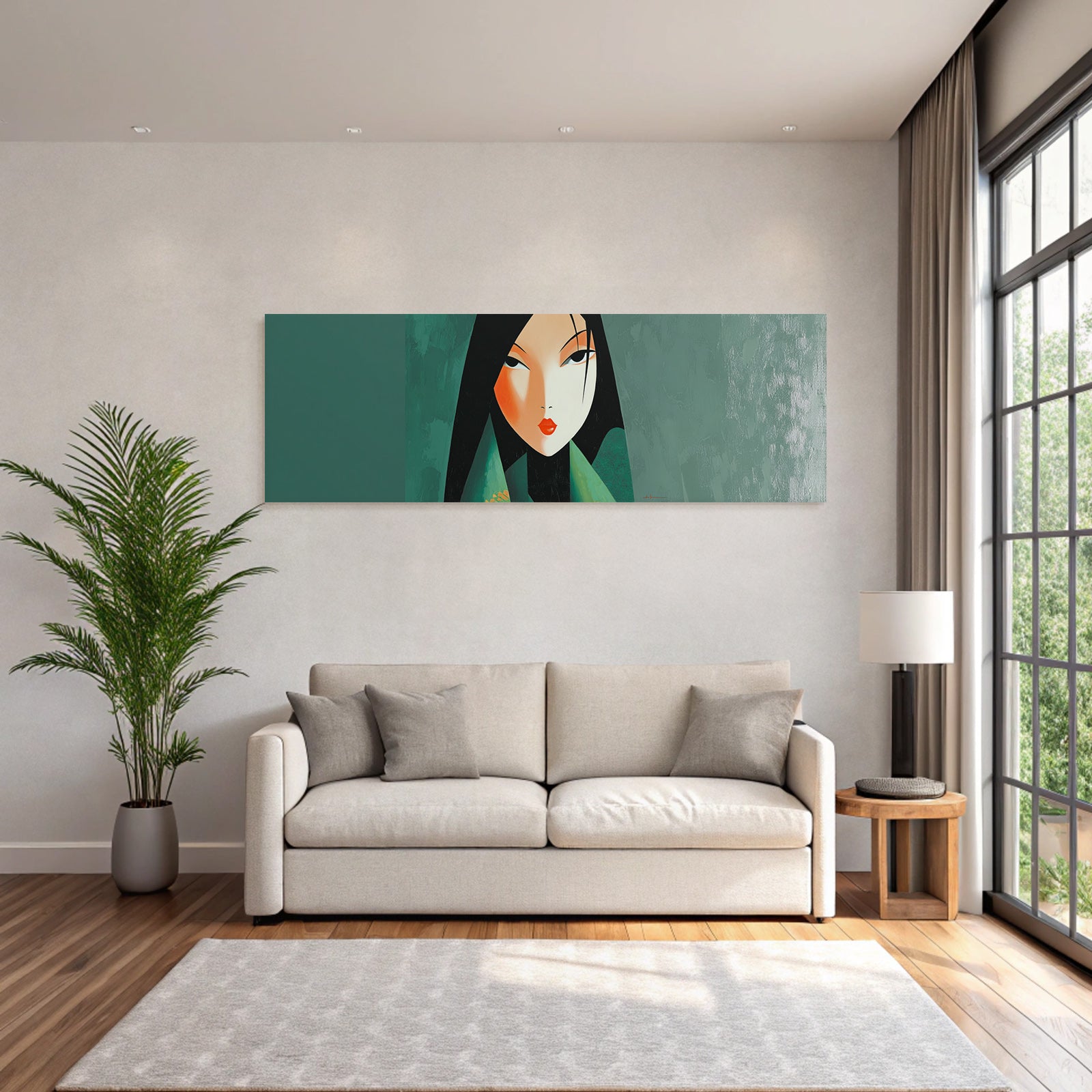 ArtDeco Frau Mit Schwarzen Haaren Roten Lippen Und Grünem Hintergrund