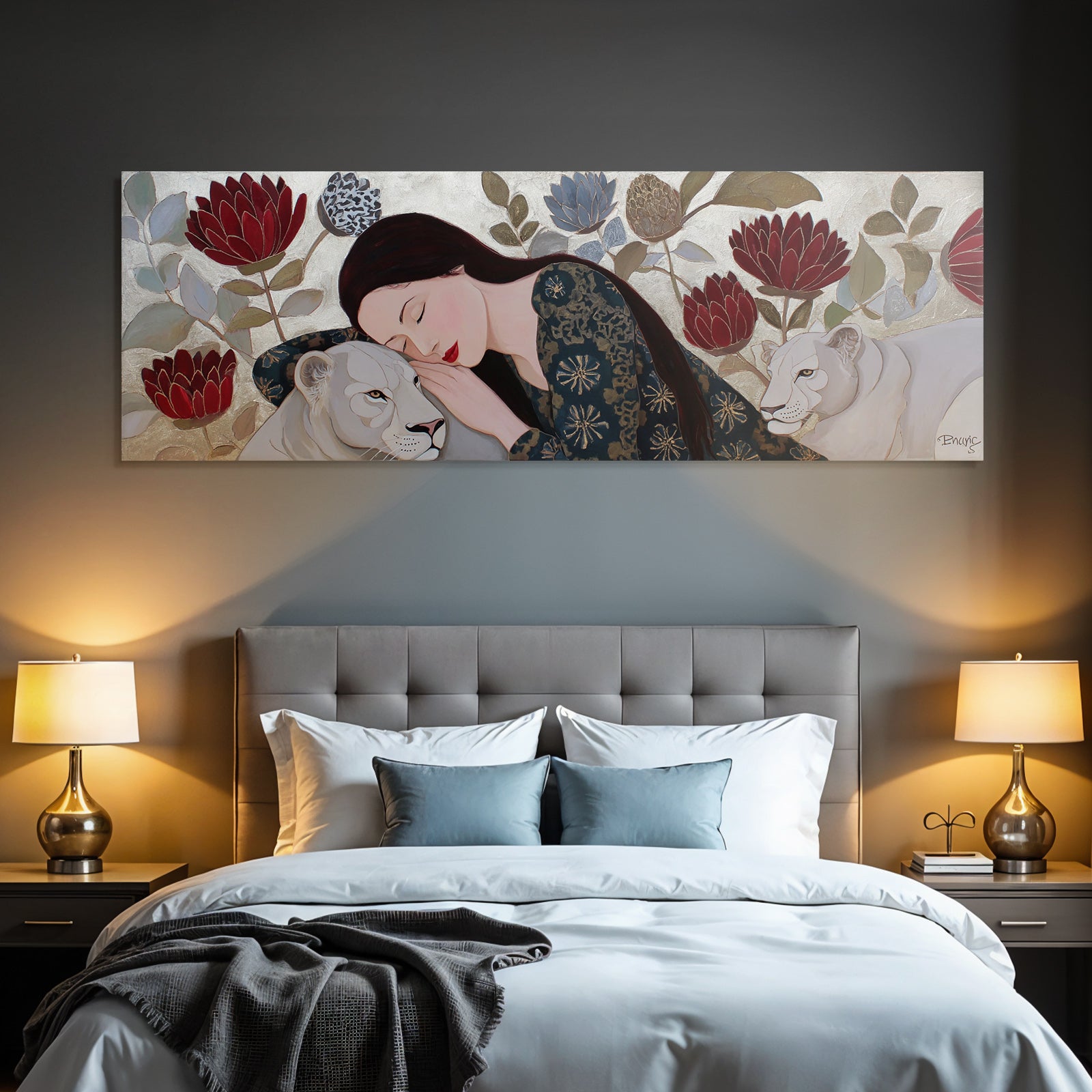 ArtDeco Frau Und Löwe In Harmonie Mit Blumen Und Pflanzen