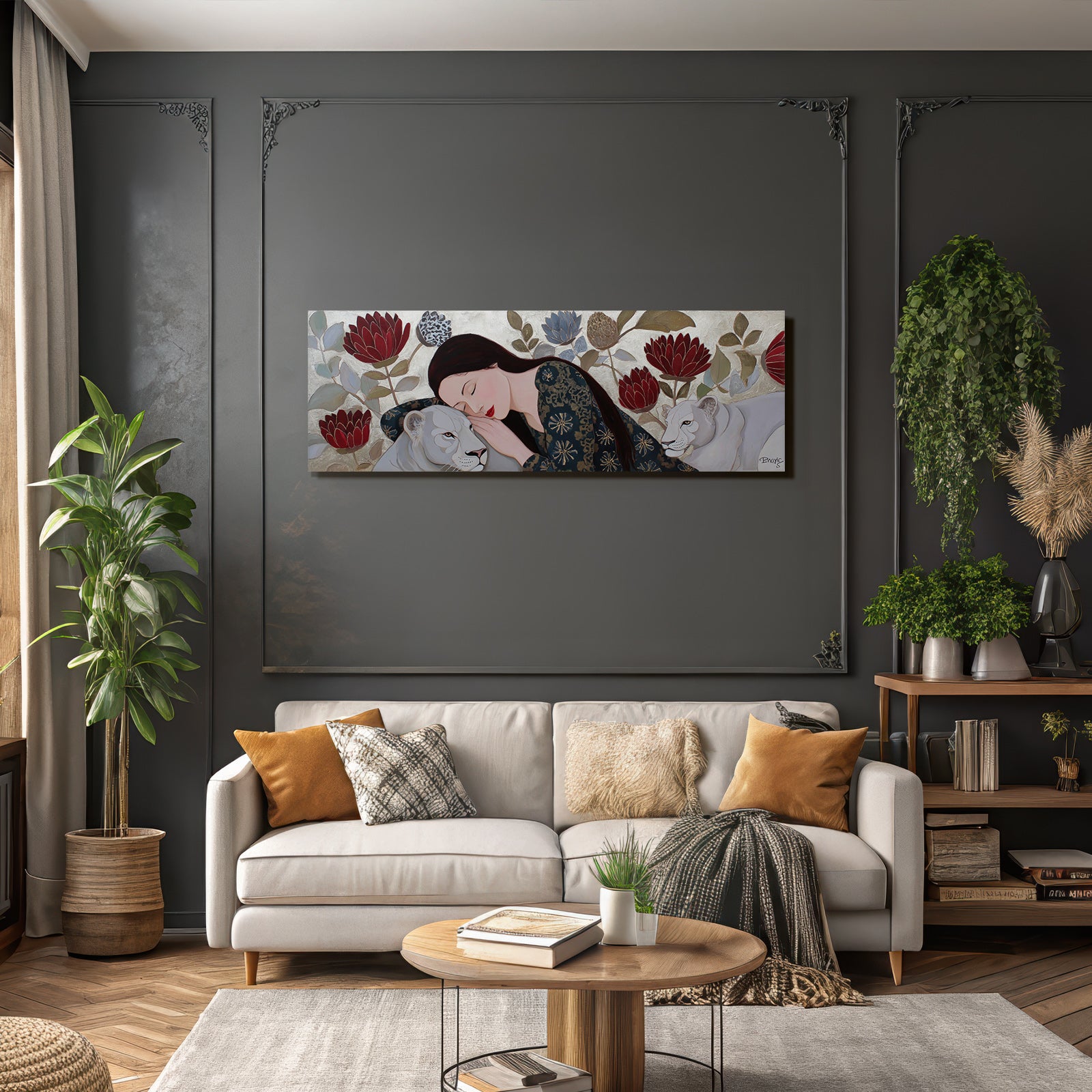 ArtDeco Frau Und Löwe In Harmonie Mit Blumen Und Pflanzen