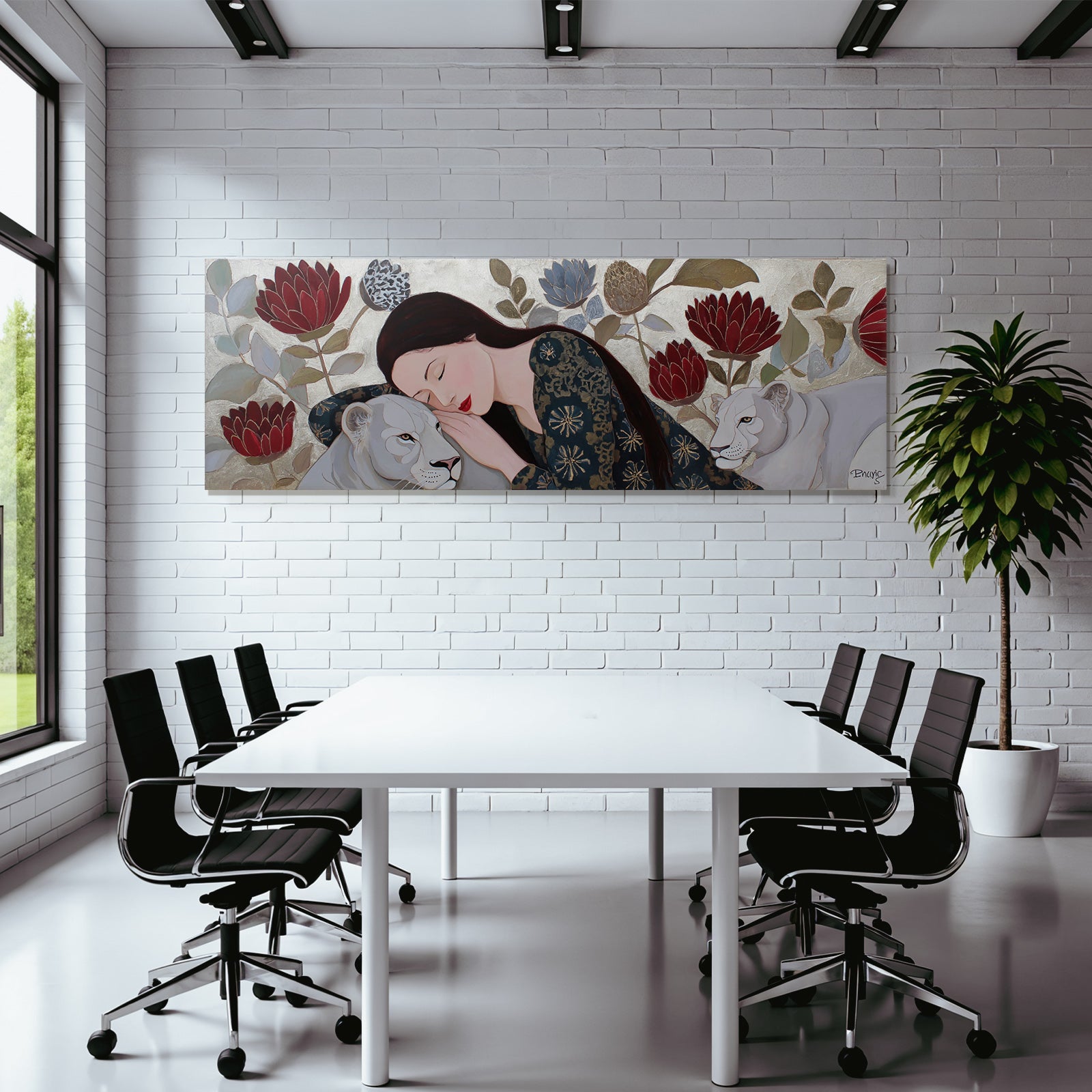 ArtDeco Frau Und Löwe In Harmonie Mit Blumen Und Pflanzen