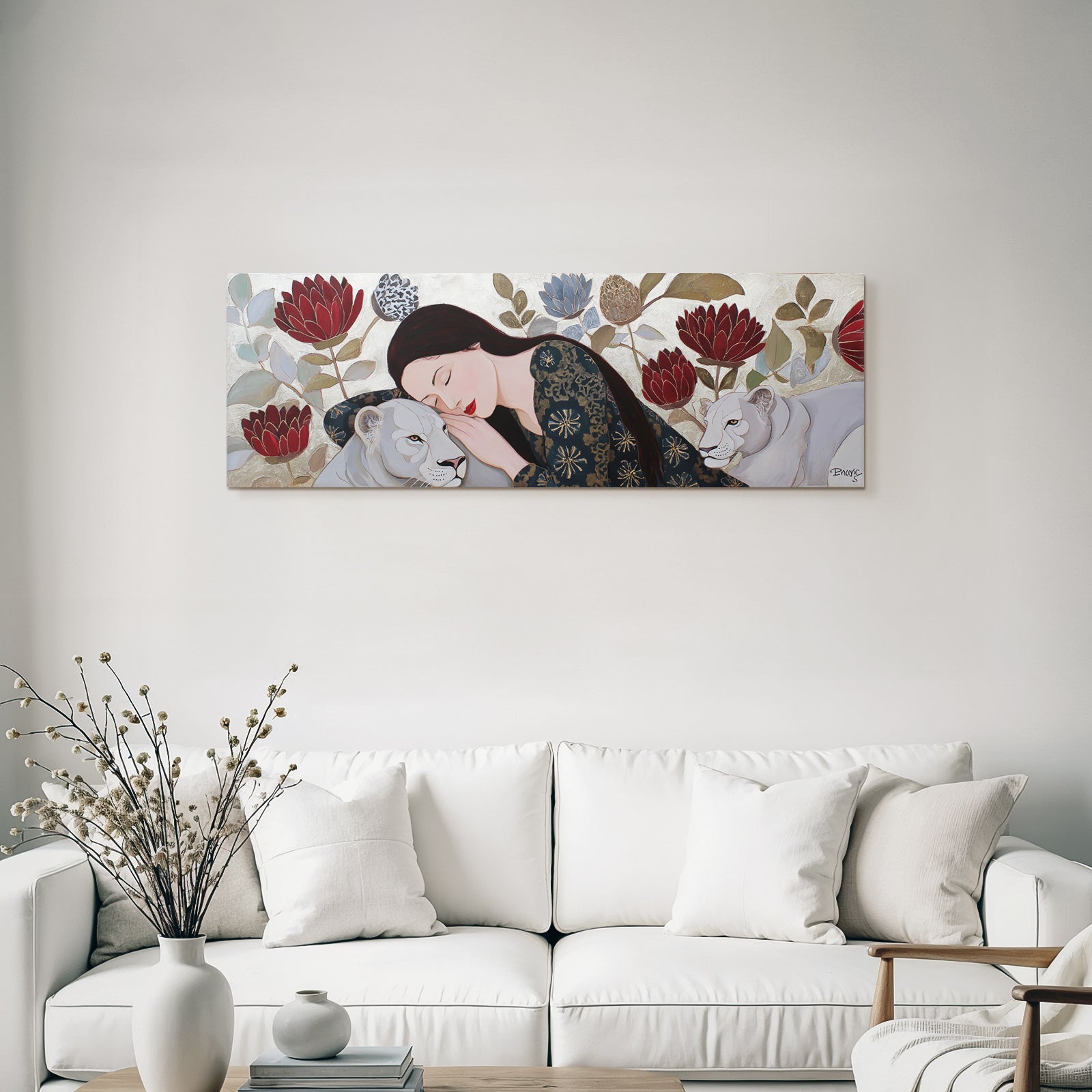 ArtDeco Frau Und Löwe In Harmonie Mit Blumen Und Pflanzen