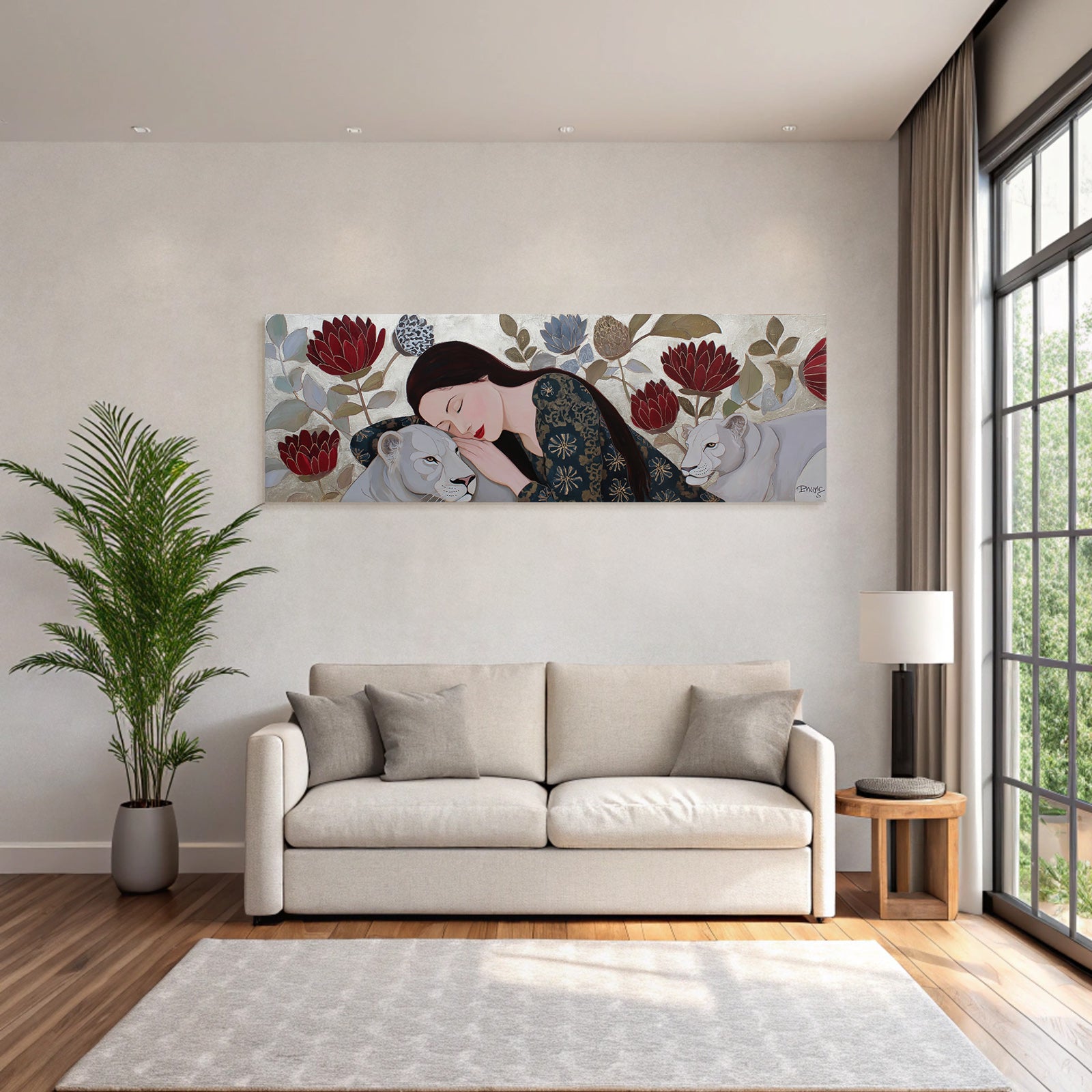 ArtDeco Frau Und Löwe In Harmonie Mit Blumen Und Pflanzen